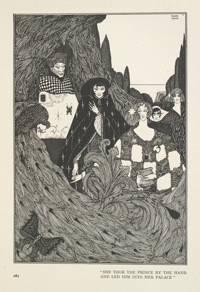 Ogród Raju. Wzięła księcia za rękę i zaprowadziła go do swojego pałacu. autorstwa Harry Clarke