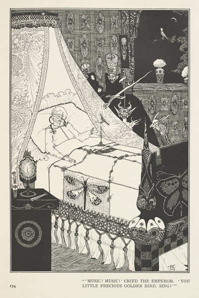 Słowik. „Muzyka! Muzyka!” zawołał cesarz. „Ty mały, cenny złoty ptaku, śpiewaj!” autorstwa Harry Clarke
