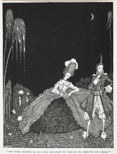 „Książę wierzył, że dał jej więcej dowcipu, niż zarezerwował dla siebie”. Ilustracja do opowiadania „Riquet z kępką”. autorstwa Harry Clarke