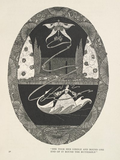 Calineczka Wzięła swój pas i obwiązała go jednym końcem wokół motyla. autorstwa Harry Clarke
