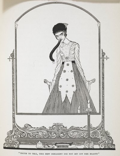 „Prawdę mówiąc, ta nowa ozdoba nie podkreśliła jej urody”. Ilustracja do opowiadania „Śmieszne życzenia”. autorstwa Harry Clarke