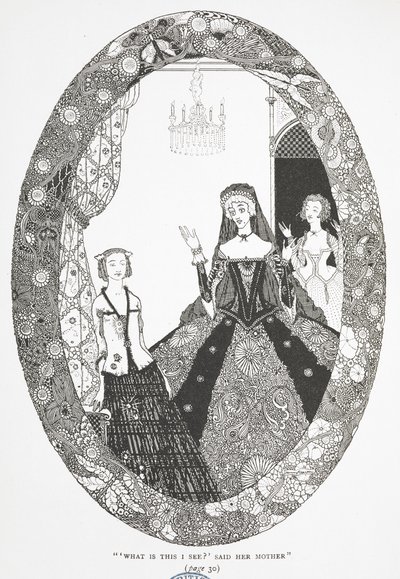 „Co to widzę?” powiedziała jej matka.” Ilustracja do opowiadania „Wróżka”. autorstwa Harry Clarke