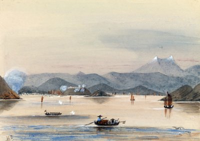 "HMS Tribune znajdujący drogę na rzece Chuenpee w Kantonie (Chiny), z łodziami wiosłowymi i chińskimi dżonkami". autorstwa Harry Edmond Edgell