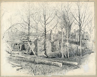 Rysunek, obecny aspekt młyna Gainesa, patrząc na wschód, 1885 r. autorstwa Harry Fenn