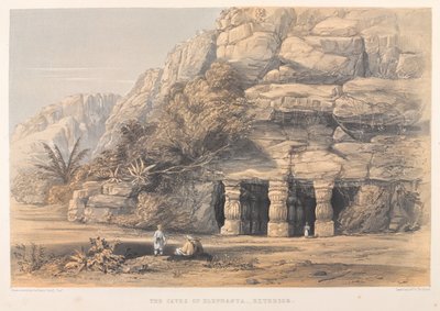 Jaskinie Elephanta, Zewnętrzne (kolorowa litografia) autorstwa Harry Francis Darell