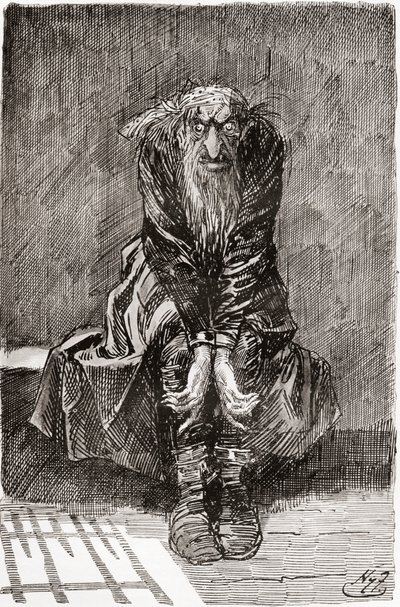 Fagin w skazanej celi. „Usiadł na kamiennej ławce naprzeciwko drzwi, która służyła za siedzisko i łóżko, i wbijając przekrwione oczy w ziemię, próbował zebrać myśli.” Ilustracja autorstwa Harry