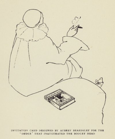Karta z zaproszeniem zaprojektowana przez Aubrey Beardsley dla Smoke, która zainaugurowała Bodley Head autorstwa Harry Furniss
