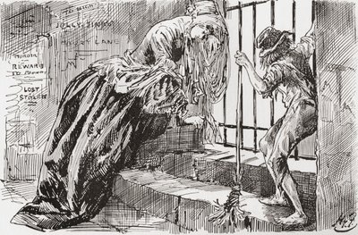 Lady Dedlock i Jo. „Został tam umieszczony”, mówi Jo, trzymając się krat i zaglądając do środka, podczas gdy Lady Dedlock kurczy się w kącie. Ilustracja Harry