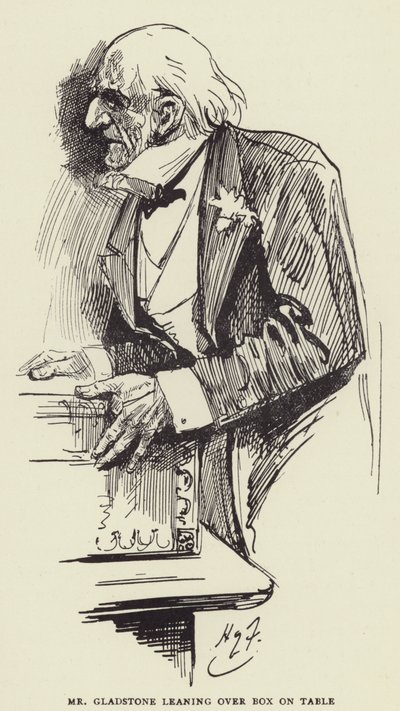 Pan Gladstone pochylający się nad pudełkiem na stole autorstwa Harry Furniss