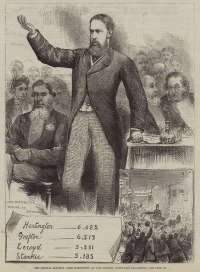Wybory powszechne, Lord Hartington w Over Darwen, północno-wschodnie Lancashire autorstwa Harry Furniss