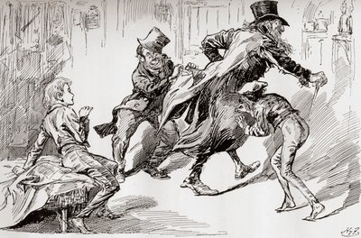 Kuchnia złodziei. Oliver jest pokazany jak to się robi, ilustracja z książki „Oliver Twist”, autorstwa Charlesa Dickensa, z The Testimonial Edition, opublikowanego 1910 autorstwa Harry Furniss
