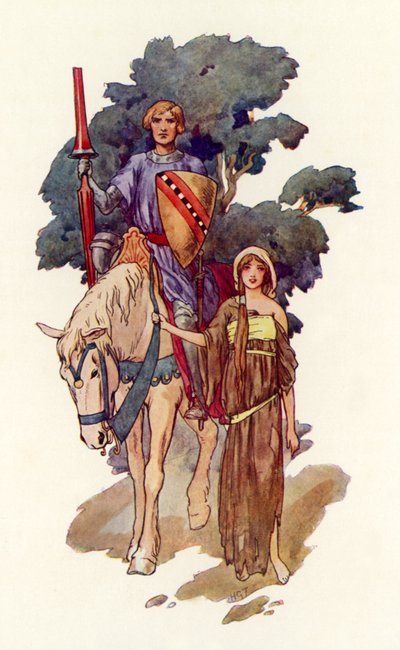 Rycerz z panną w łachmanach u boku (kolorowa litografia) autorstwa Harry George Theaker