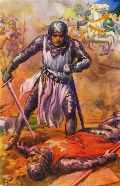 "Po zaciętej walce templariusze zostali pokonani" (kolorowa litografia) autorstwa Harry George Theaker
