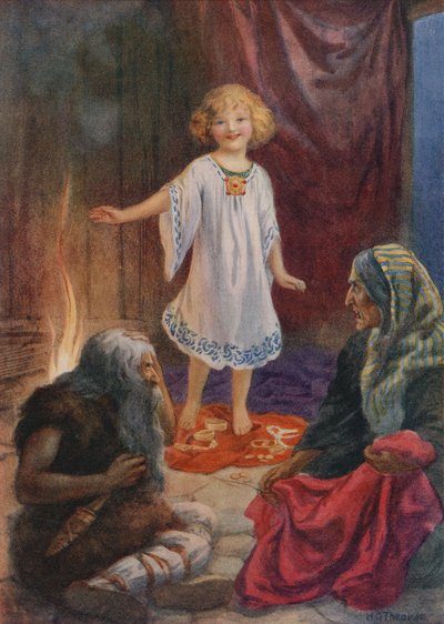 Aslaug, Aki i Grima z filmu "Ragnar Lodbrog" (kolorowa litografia) autorstwa Harry George Theaker