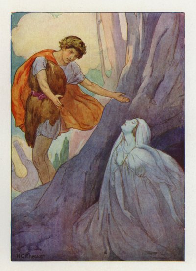 Wołając radośnie, Orfeusz próbował złapać ją w ramiona (kolorowa litografia). autorstwa Harry George Theaker