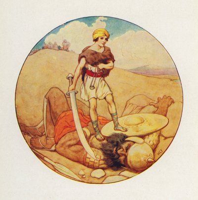 Dawid chwycił miecz olbrzyma i odciął mu głowę (kolorowa litografia). autorstwa Harry George Theaker