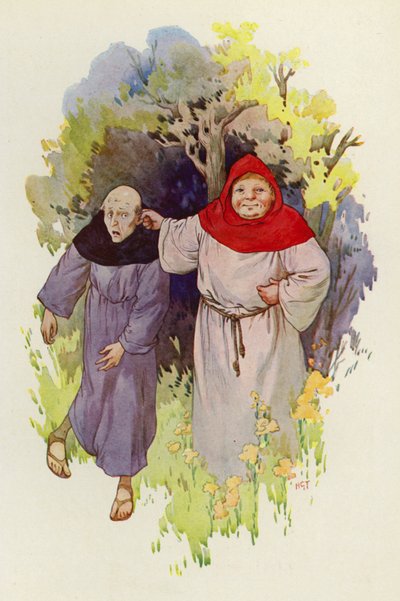 Braciszek Tuck prowadzony za ucho przez chudego, wynędzniałego mnicha (kolorowa litografia) autorstwa Harry George Theaker