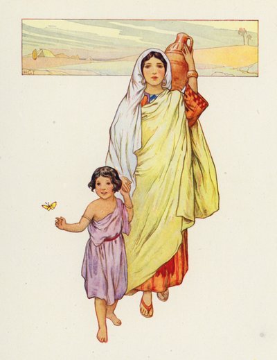 Hagar i Ismael wyszli na pustynię (kolorowa litografia) autorstwa Harry George Theaker