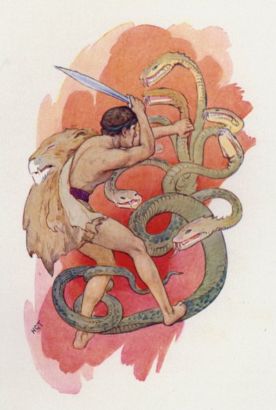 Herkules i siedmiogłowy wąż (kolorowa litografia) autorstwa Harry George Theaker