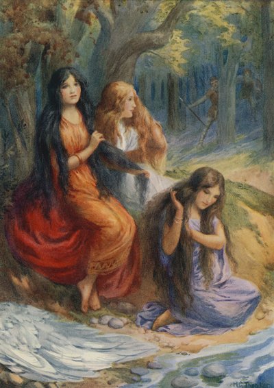 Hladgrun, Olrun i Alvit, z "Wayland the Smith" (kolorowa litografia) autorstwa Harry George Theaker