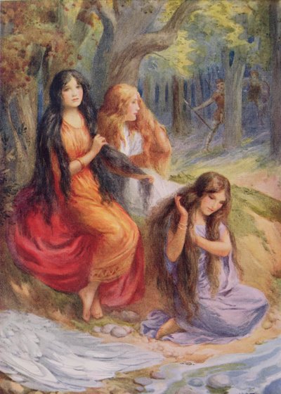 Hladgrun, Olrun i Alvit, ilustracja z "The Wayland Smith" zilustrowana w "Northern Legends" Raphaela Tucka (pub) (kolorowa litografia) autorstwa Harry George Theaker