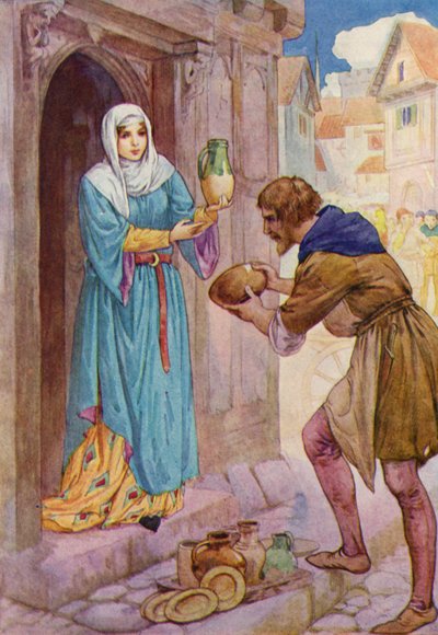 "Przynoszę te biedne naczynia jako prezent dla pani de Rainault", powiedział Robin do służącej (kolorowa litografia) autorstwa Harry George Theaker