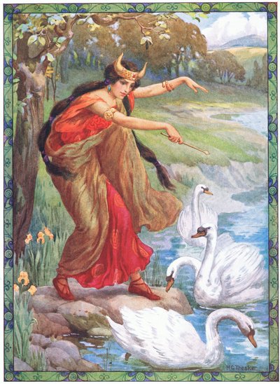 "Zamiast czworga dzieci, co ujrzała" (z Dzieci Lir) (kolorowa litografia) autorstwa Harry George Theaker