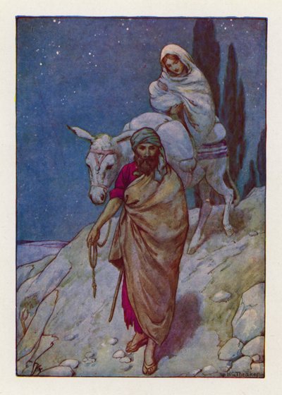 Józef wstał, wziął w nocy Dziecię i Jego Matkę i odszedł do Egiptu (kolorowa litografia). autorstwa Harry George Theaker