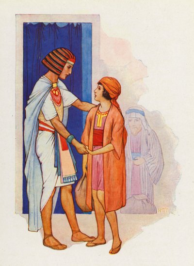 Juda przyprowadził Beniamina i przedstawił go Józefowi (kolorowa litografia) autorstwa Harry George Theaker