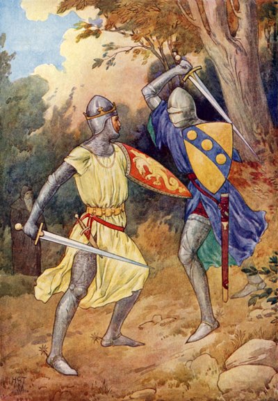 Król Artur walczy z nieznajomym rycerzem (kolorowa litografia) autorstwa Harry George Theaker