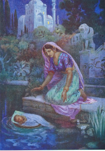 Kunti nie odważyła się być nieposłuszna. From the Adventurous Brethren, ilustracja z "Childrens Stories from Indian Legends", ok. 1930 r. (kolorowa litografia) autorstwa Harry George Theaker