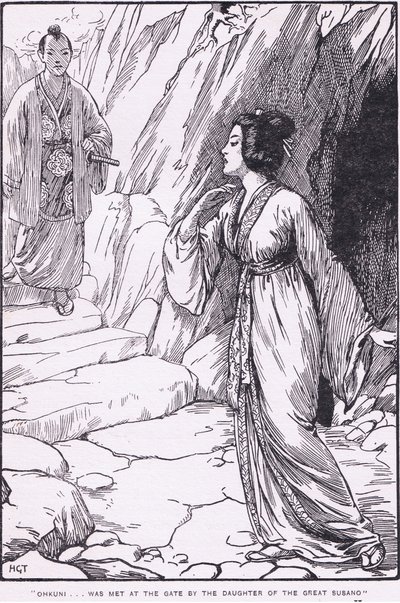 Okhuni został spotkany przy bramie przez córkę wielkiego Susano (z Susano i Ohkuni) (litho) autorstwa Harry George Theaker