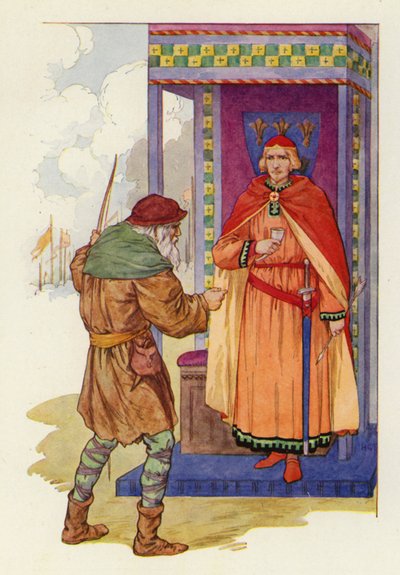 "Starcze", powiedział hrabia John, "wolałbym raczej odciąć ci prawą rękę, niż odebrać tę nagrodę" (kolorowa litografia). autorstwa Harry George Theaker