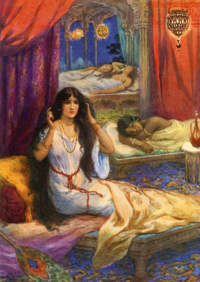 "Pabhavati obudził się ze startem" (kolorowa litografia) autorstwa Harry George Theaker