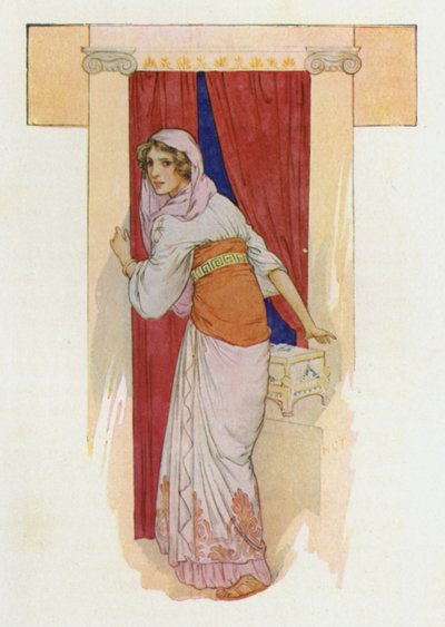 Pandora nie mogła się dłużej powstrzymywać (kolorowa litografia) autorstwa Harry George Theaker