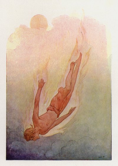 Faeton z włosami w płomieniach, wpadający do głębokiej, chłodnej rzeki (kolorowa litografia) autorstwa Harry George Theaker