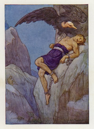 Prometeusz przykuty do skały (kolorowa litografia) autorstwa Harry George Theaker
