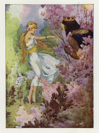 Prozerpina tańcząca wśród lilii, obserwowana przez wielkiego króla (kolorowa litografia) autorstwa Harry George Theaker