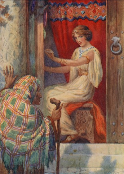 Królowa Frigga i Beldame, z "Baldur the Beloved" (kolorowa litografia) autorstwa Harry George Theaker
