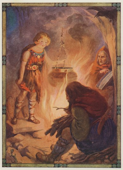 "Znalazła wszystko tak, jak powinno być", Taliesin (kolorowa litografia) autorstwa Harry George Theaker