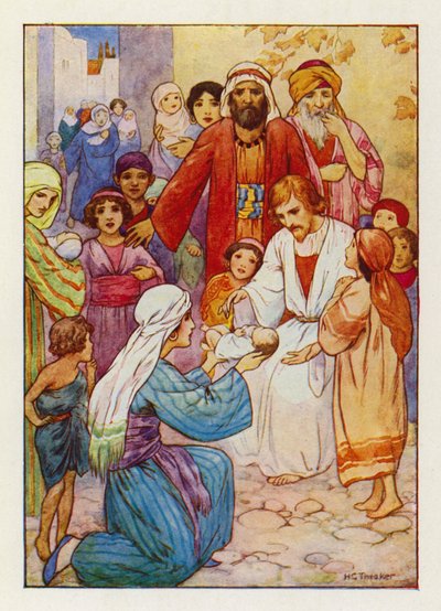 "Pozwólcie dzieciom przychodzić do Mnie" (kolorowa litografia) autorstwa Harry George Theaker