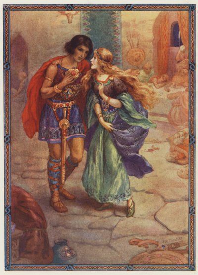"Weź mnie za żonę!", Diarmuid i Grania (kolorowa litografia) autorstwa Harry George Theaker