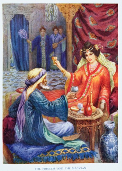 Księżniczka i czarodziej, ilustracja z "Opowieści dla dzieci z nocy arabskich" Rose Yeatman Woolf, ok. 1920 r. (litografia kolorowa) autorstwa Harry George Theaker