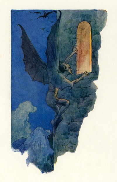 Wróżka wślizgnęła się przez otwarte okno (kolorowa litografia) autorstwa Harry George Theaker
