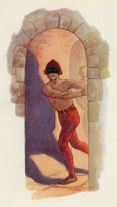 Pierwszy z nich był nagi od pasa w górę i nosił czarną maskę (kolorowa litografia) autorstwa Harry George Theaker