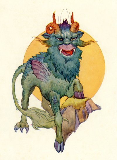Wielka bestia (kolorowa litografia) autorstwa Harry George Theaker