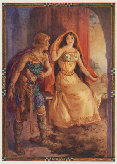 "Dama odsłoniła twarz", Wstrętna dama i waleczny rycerz (kolorowa litografia) autorstwa Harry George Theaker
