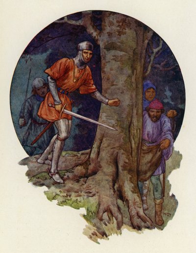 "Nareszcie banici!" zawołał szeryf i z wyciągniętym mieczem pobiegł tam, gdzie zniknęły postacie (kolorowa litografia). autorstwa Harry George Theaker