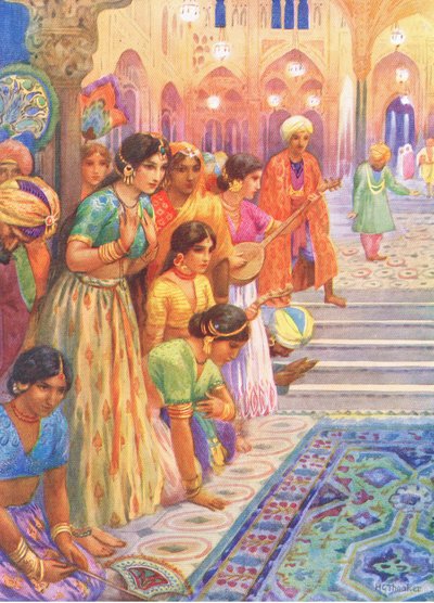 Pałac Lac. Z The Adventurous Brethren, ilustracja z "Childrens Stories from Indian Legends", ok. 1930 r. (kolorowa litografia) autorstwa Harry George Theaker
