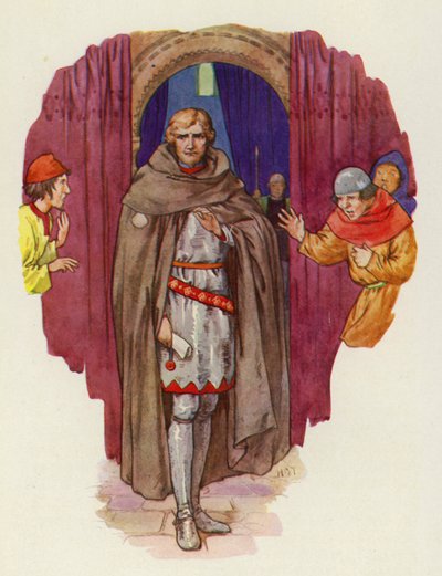 Palmer odrzucił płaszcz, a jego szata rozchyliła się, ukazując go w pełnej zbroi (kolorowa litografia). autorstwa Harry George Theaker